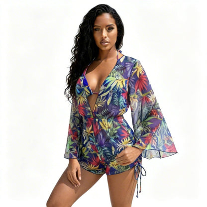 Vibrant Tropical Print 3 - piece Bikini & Mesh - ZumBuys