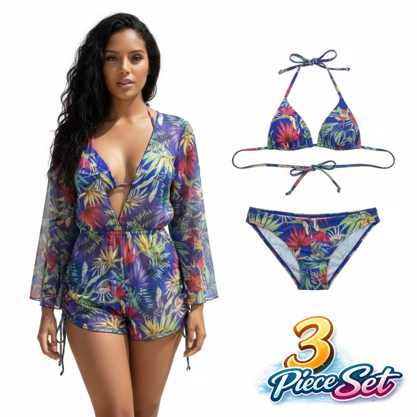 Vibrant Tropical Print 3 - piece Bikini & Mesh - ZumBuys