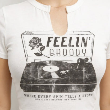 Vintage Groove Graphic Crop Tee – Retro Fitted Women’s Crop Top - ZumBuys