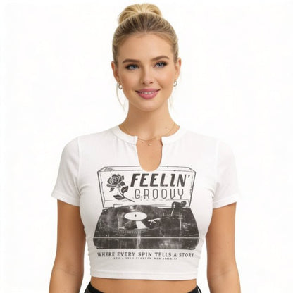 Vintage Groove Graphic Crop Tee – Retro Fitted Women’s Crop Top - ZumBuys
