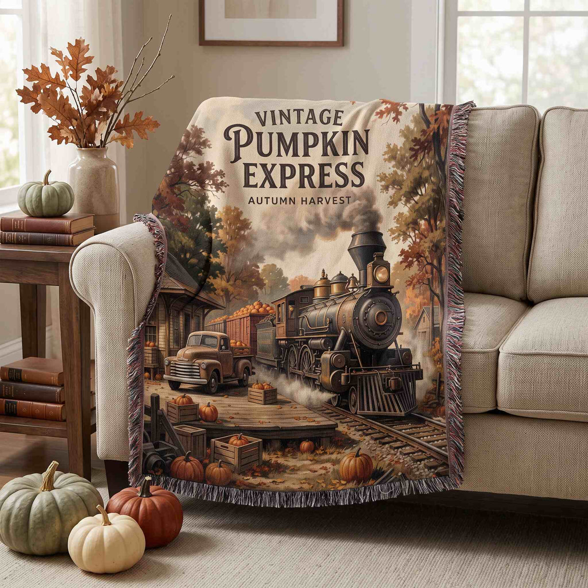 Vintage Pumpkin Express Woven Blanket - ZumBuys
