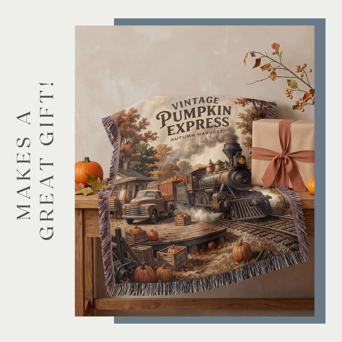 Vintage Pumpkin Express Woven Blanket - ZumBuys