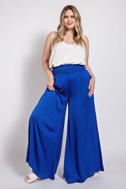 Washed Satin Wide Pants With Waist Smocked - ZumBuys