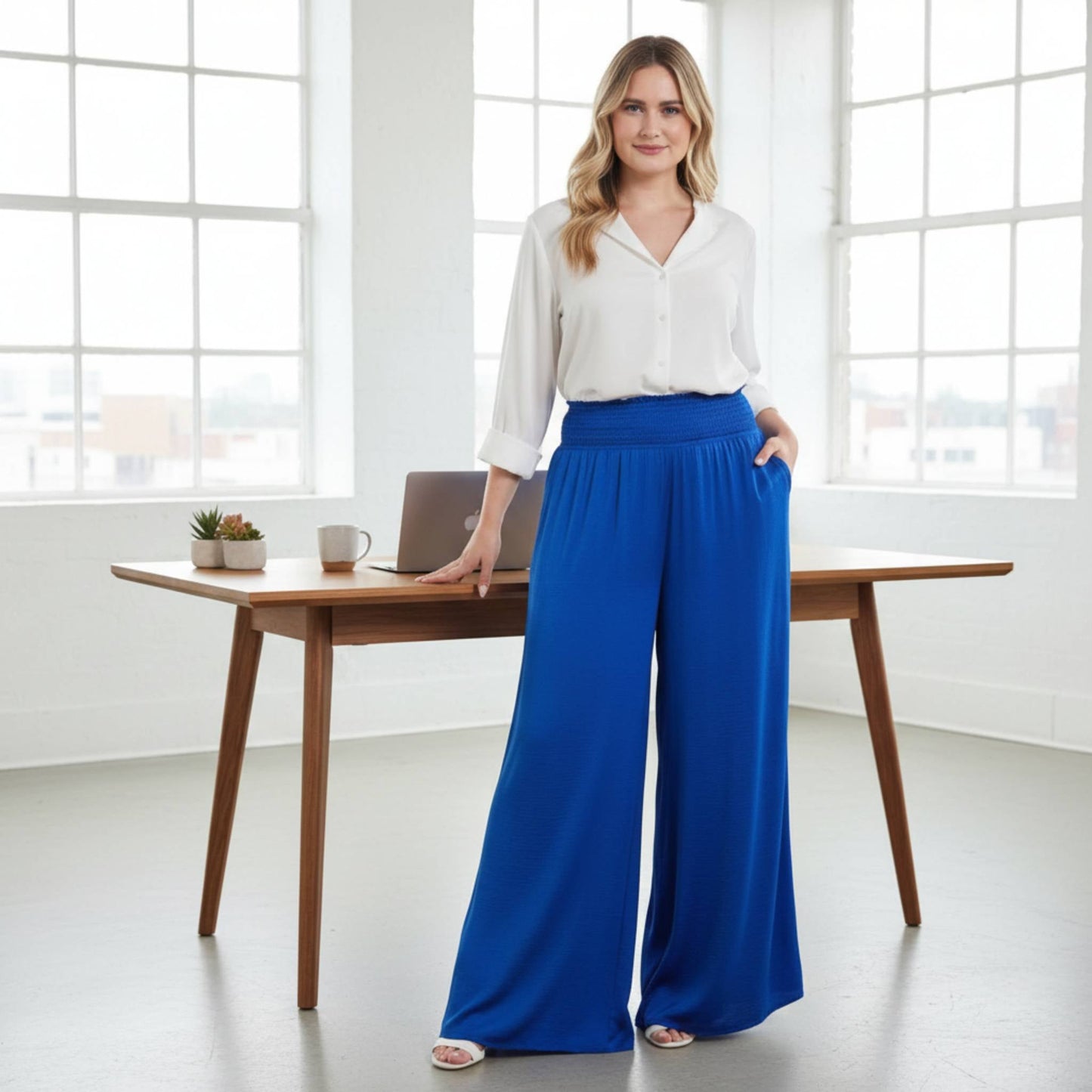 Washed Satin Wide Pants With Waist Smocked - ZumBuys