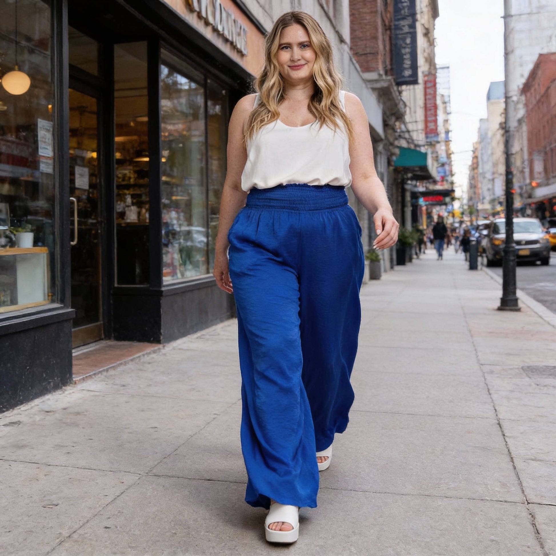 Washed Satin Wide Pants With Waist Smocked - ZumBuys