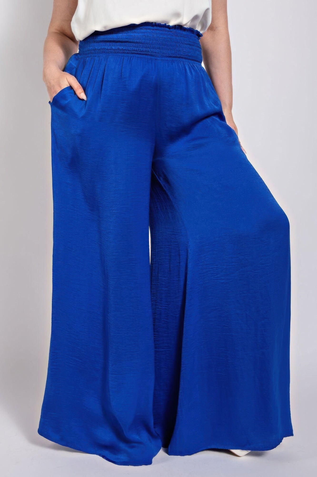 Washed Satin Wide Pants With Waist Smocked - ZumBuys