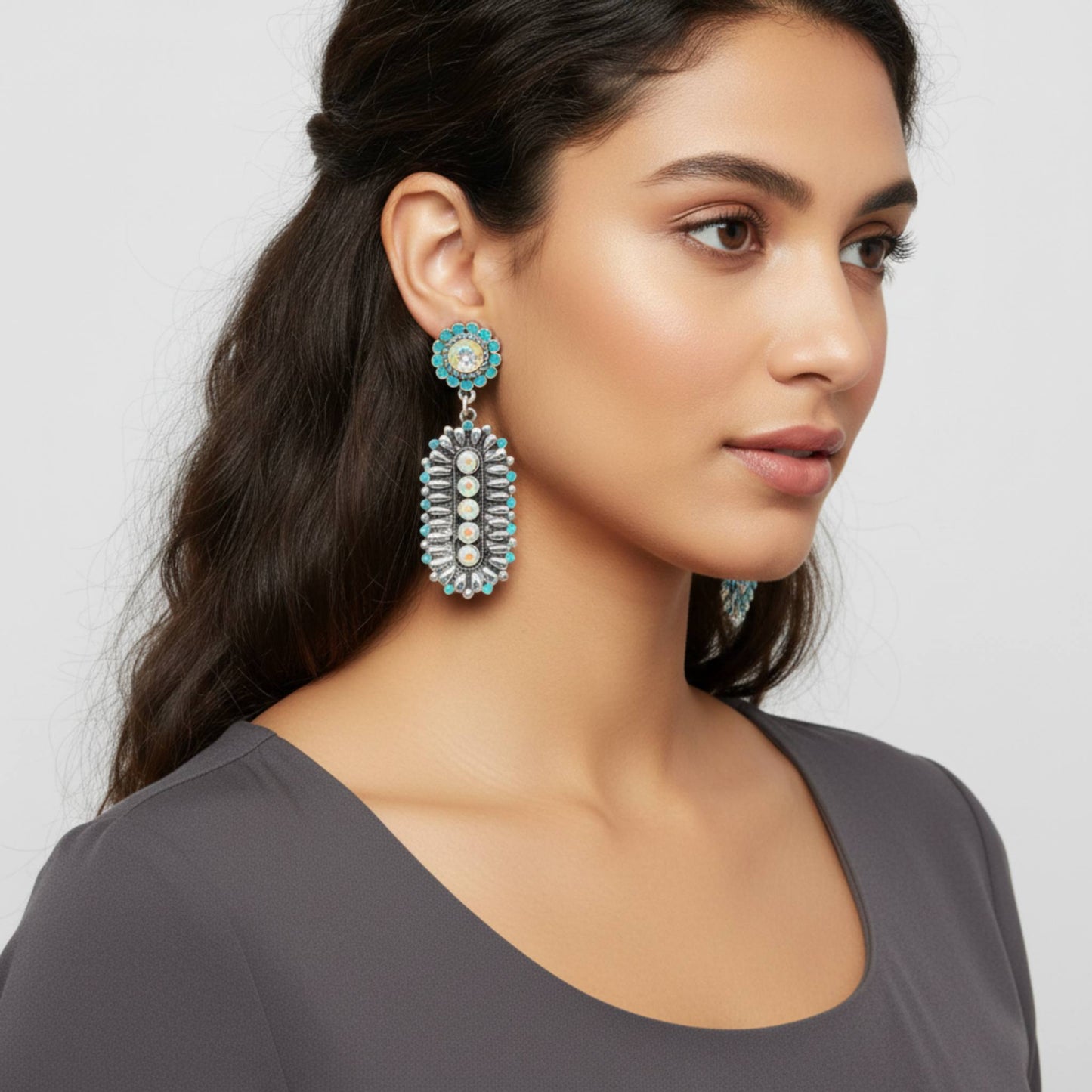 Western Jeweled Oval Concho Earrings - ZumBuys