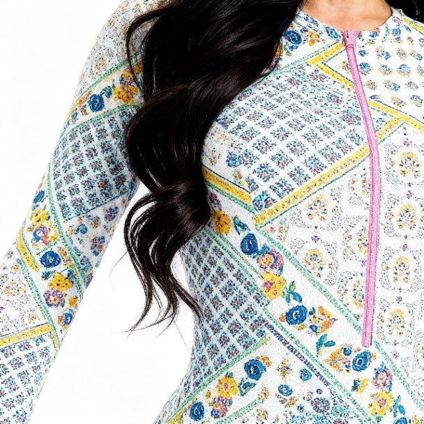 White Floral Long Sleeve One Piece Swimsuit | Zip Front Swimwear - ZumBuys