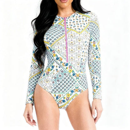 White Floral Long Sleeve One Piece Swimsuit | Zip Front Swimwear - ZumBuys