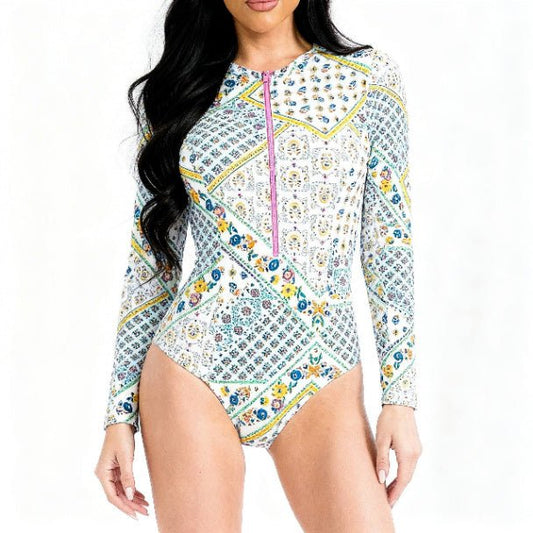 White Floral Long Sleeve One Piece Swimsuit | Zip Front Swimwear - ZumBuys