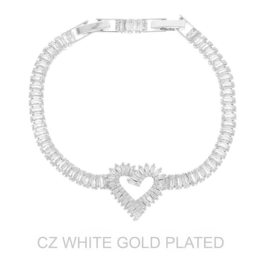 White Gold Plated Cz Heart Bracelet - ZumBuys