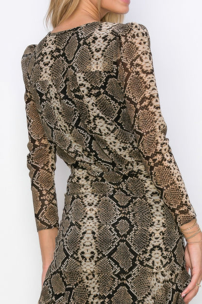 Woman Side Ruched Wrap Snake Print Mini Dress - ZumBuys