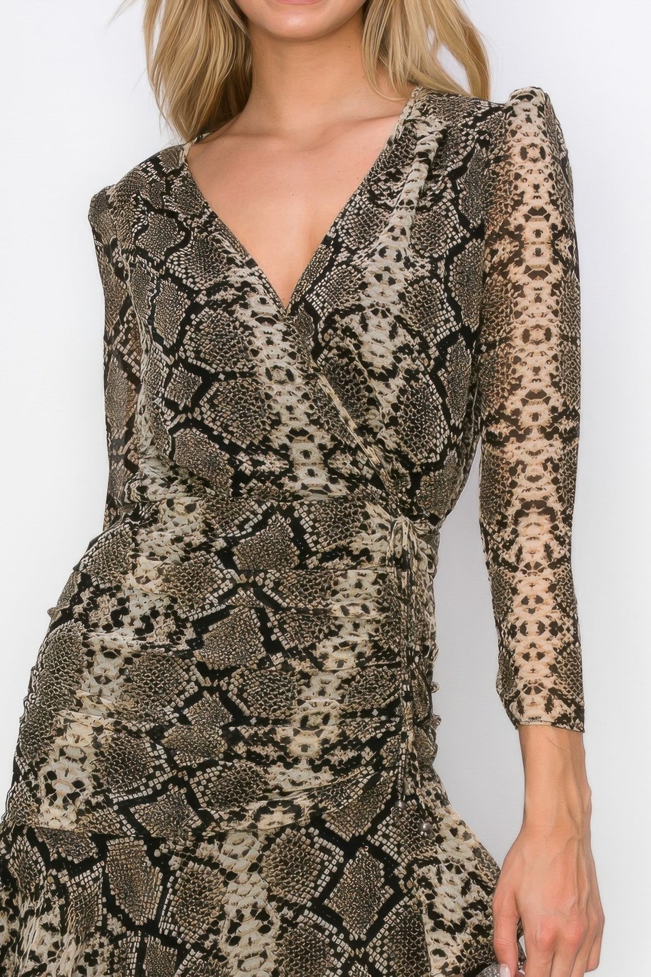 Woman Side Ruched Wrap Snake Print Mini Dress - ZumBuys