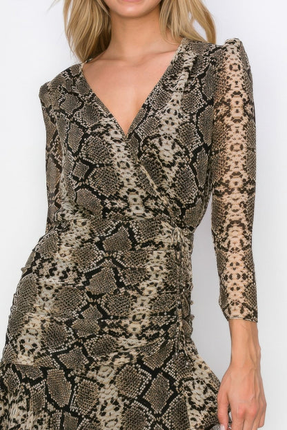 Woman Side Ruched Wrap Snake Print Mini Dress - ZumBuys