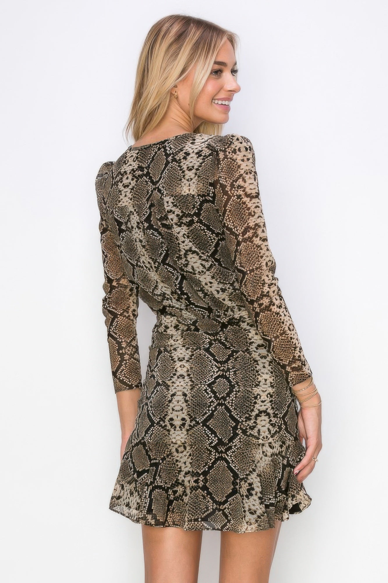 Woman Side Ruched Wrap Snake Print Mini Dress - ZumBuys