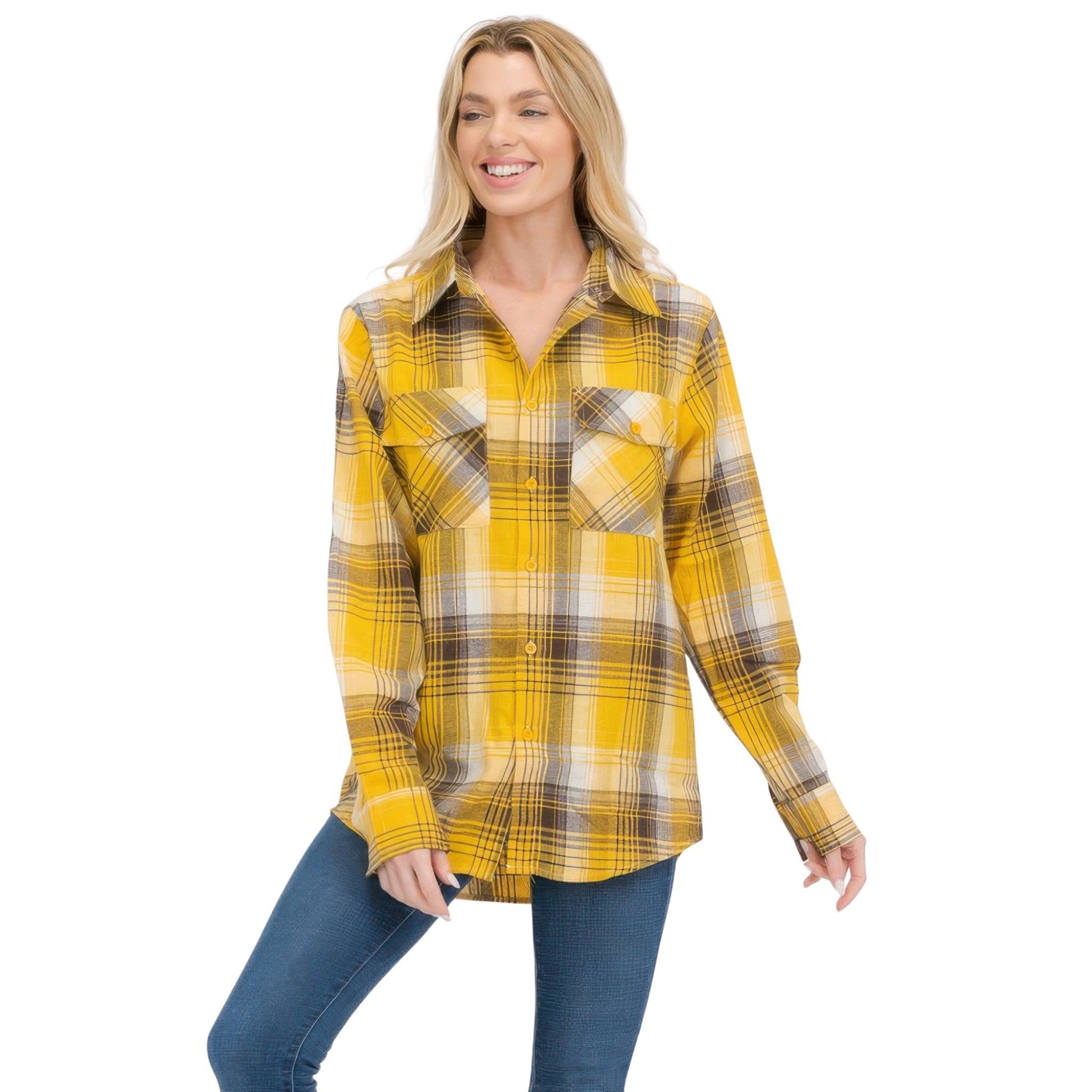 Womens Boyfriend Long Sleeve Checkered Flannel - ZumBuys