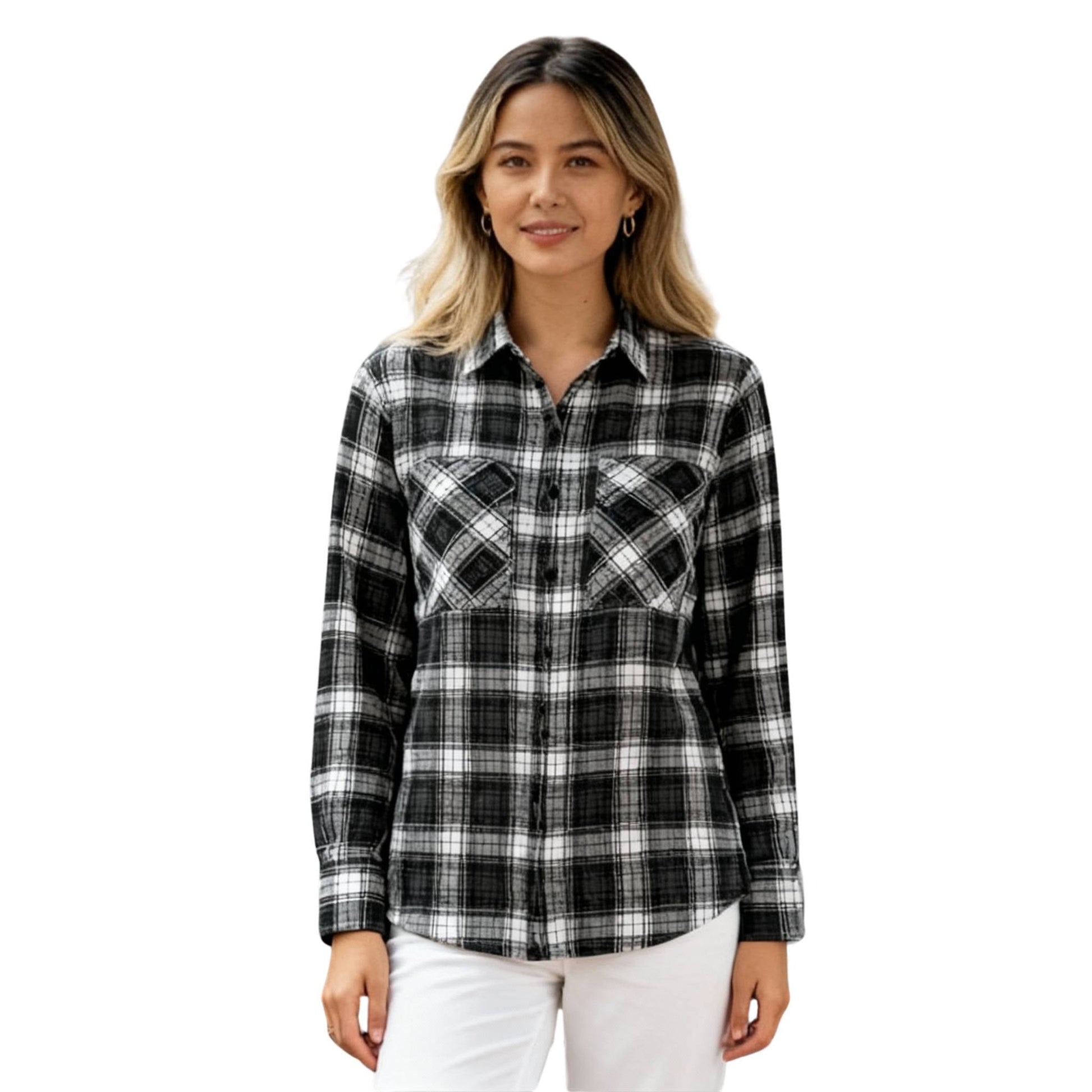 Womens Boyfriend Long Sleeve Checkered Flannel - ZumBuys