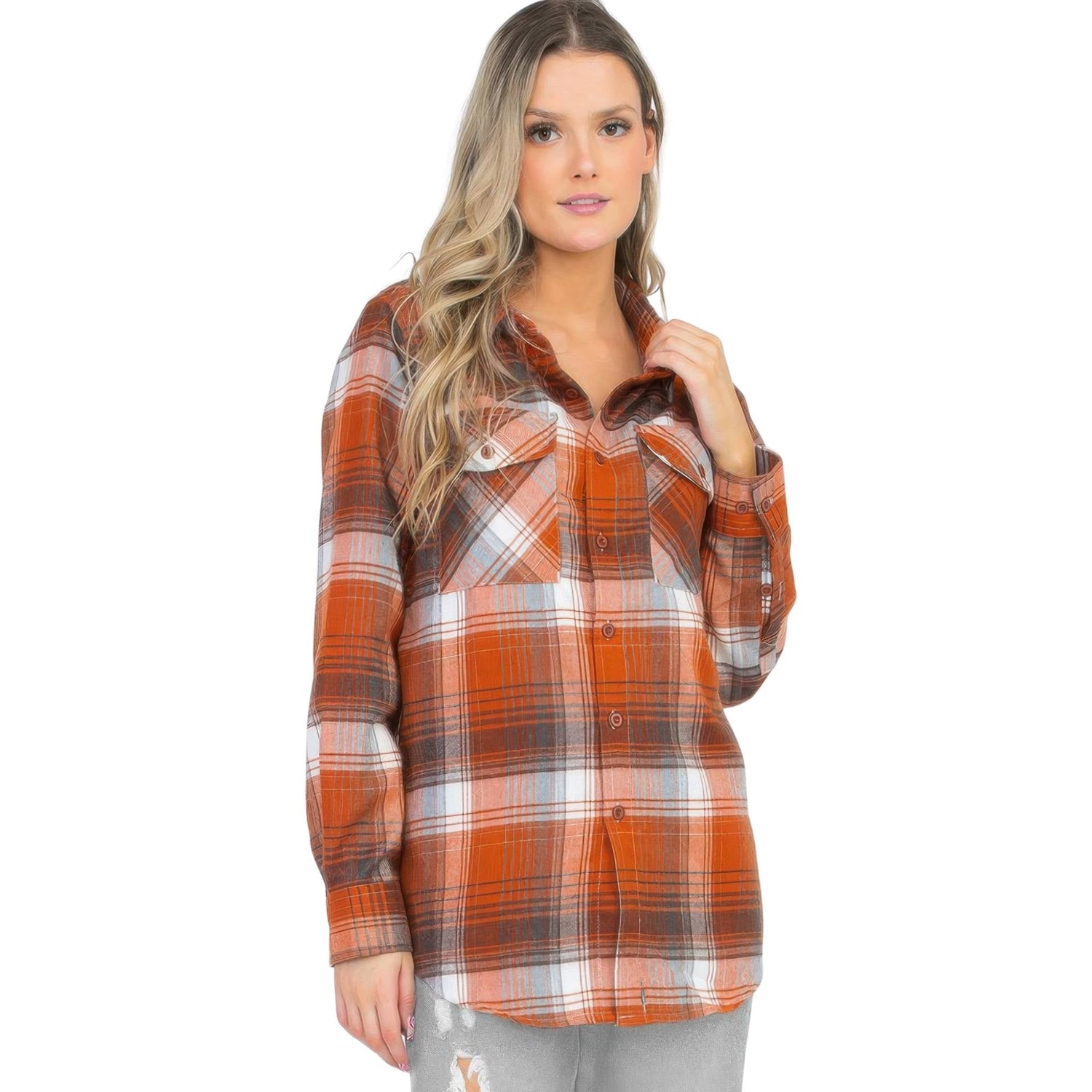 Womens Boyfriend Long Sleeve Checkered Flannel - ZumBuys