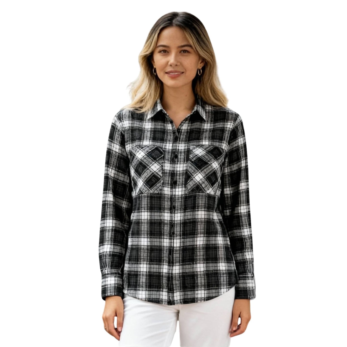 Womens Boyfriend Long Sleeve Checkered Flannel - ZumBuys