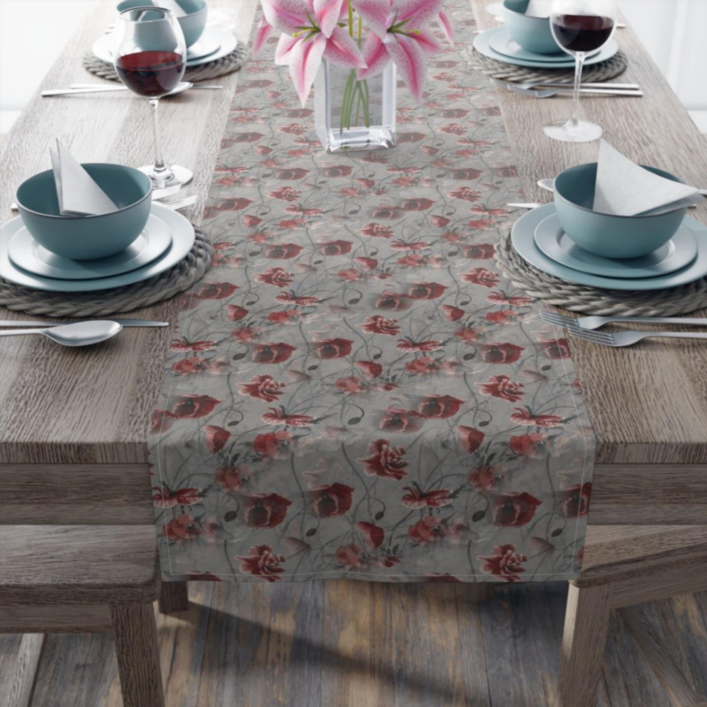 Red Flower Haze Table Runner (Cotton, Poly) - ZumBuys